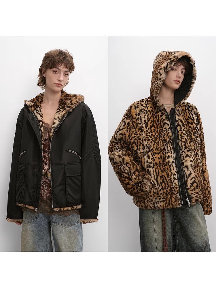 "Leopard Fantasy" Leopard Spot Print Reversible Drop Shoulder Hooded Custom Rabbit Fur Coat - variant_title