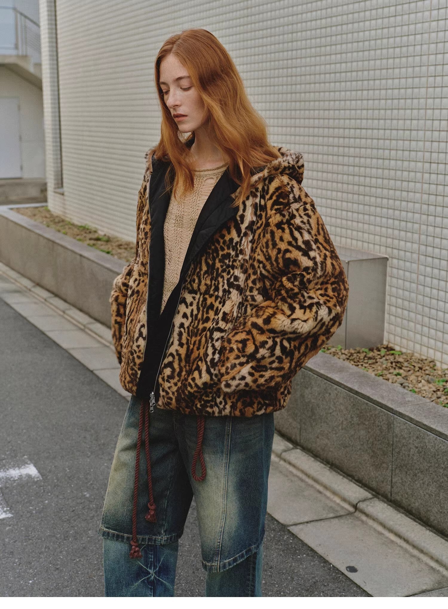 "Leopard Fantasy" Leopard Spot Print Reversible Drop Shoulder Hooded Custom Rabbit Fur Coat - variant_title