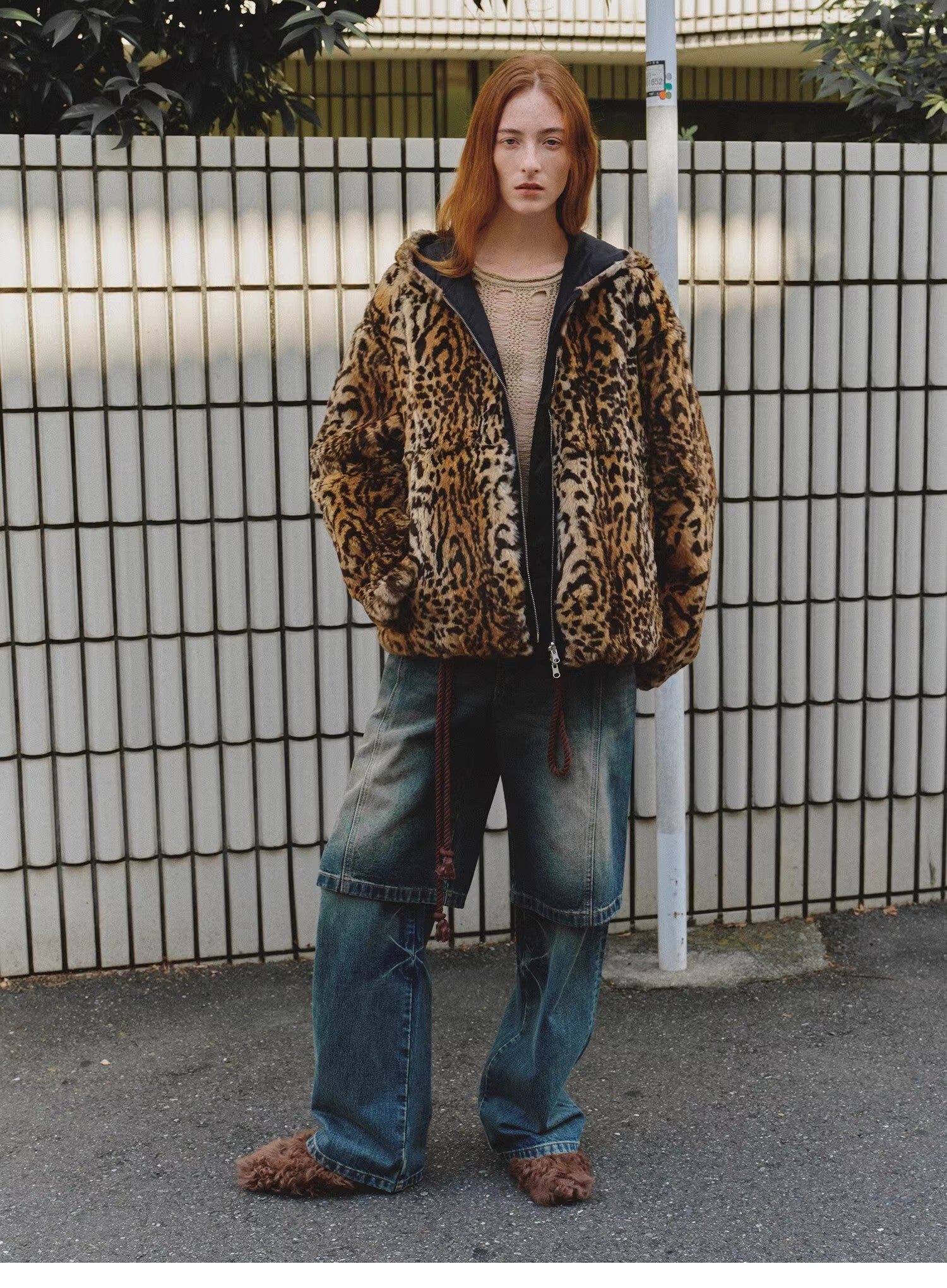 "Leopard Fantasy" Leopard Spot Print Reversible Drop Shoulder Hooded Custom Rabbit Fur Coat - variant_title