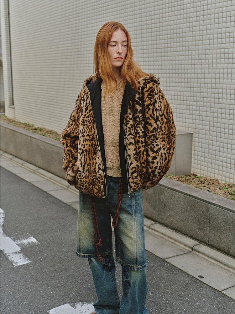 "Leopard Fantasy" Leopard Spot Print Reversible Drop Shoulder Hooded Custom Rabbit Fur Coat - variant_title