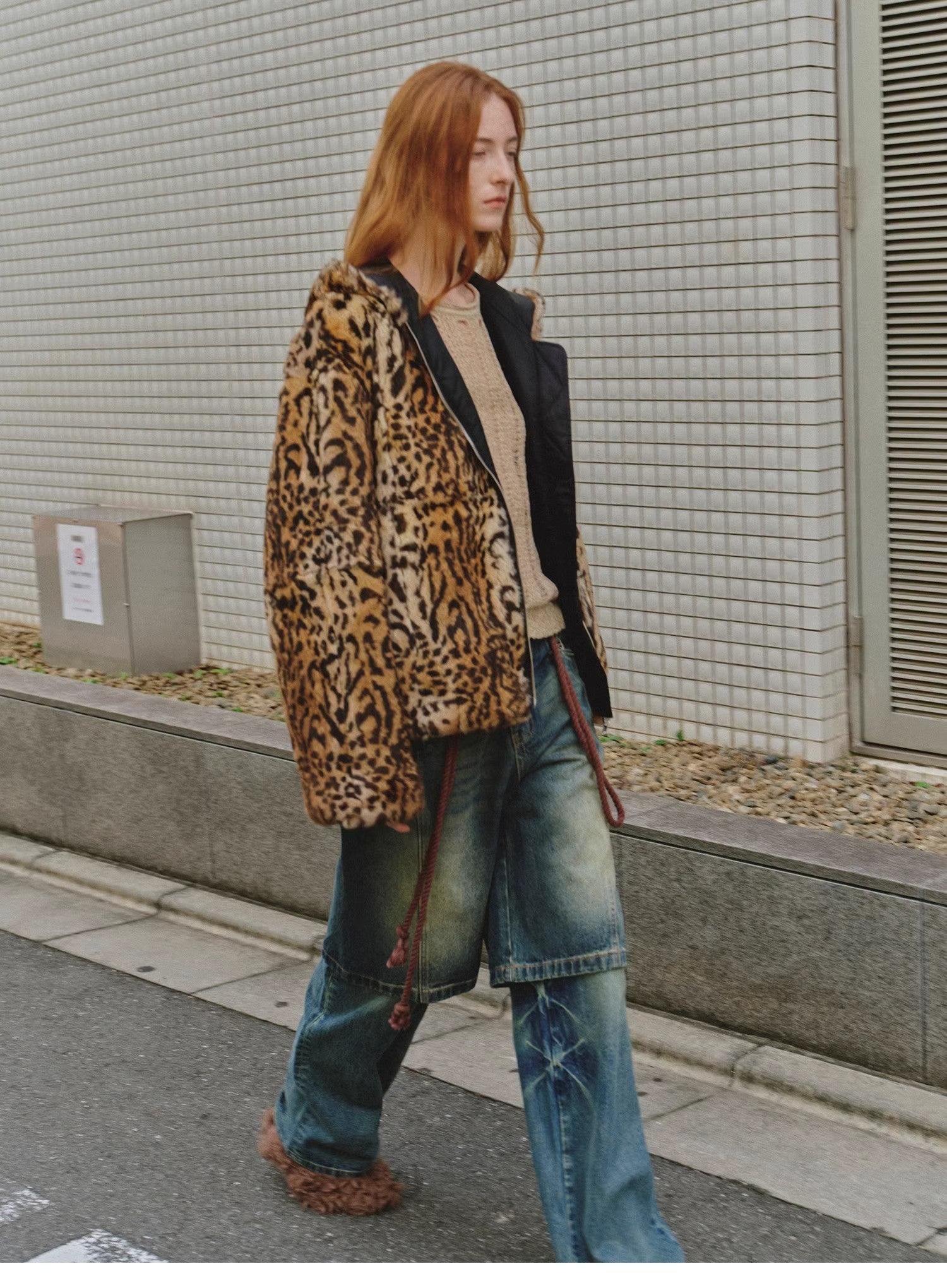 "Leopard Fantasy" Leopard Spot Print Reversible Drop Shoulder Hooded Custom Rabbit Fur Coat - variant_title