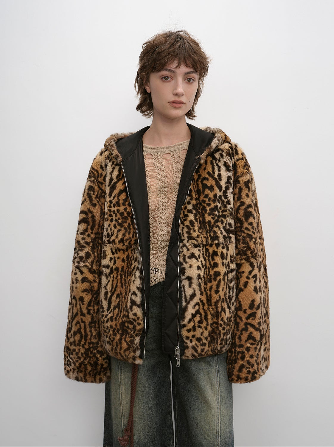 "Leopard Fantasy" Leopard Spot Print Reversible Drop Shoulder Hooded Custom Rabbit Fur Coat - variant_title