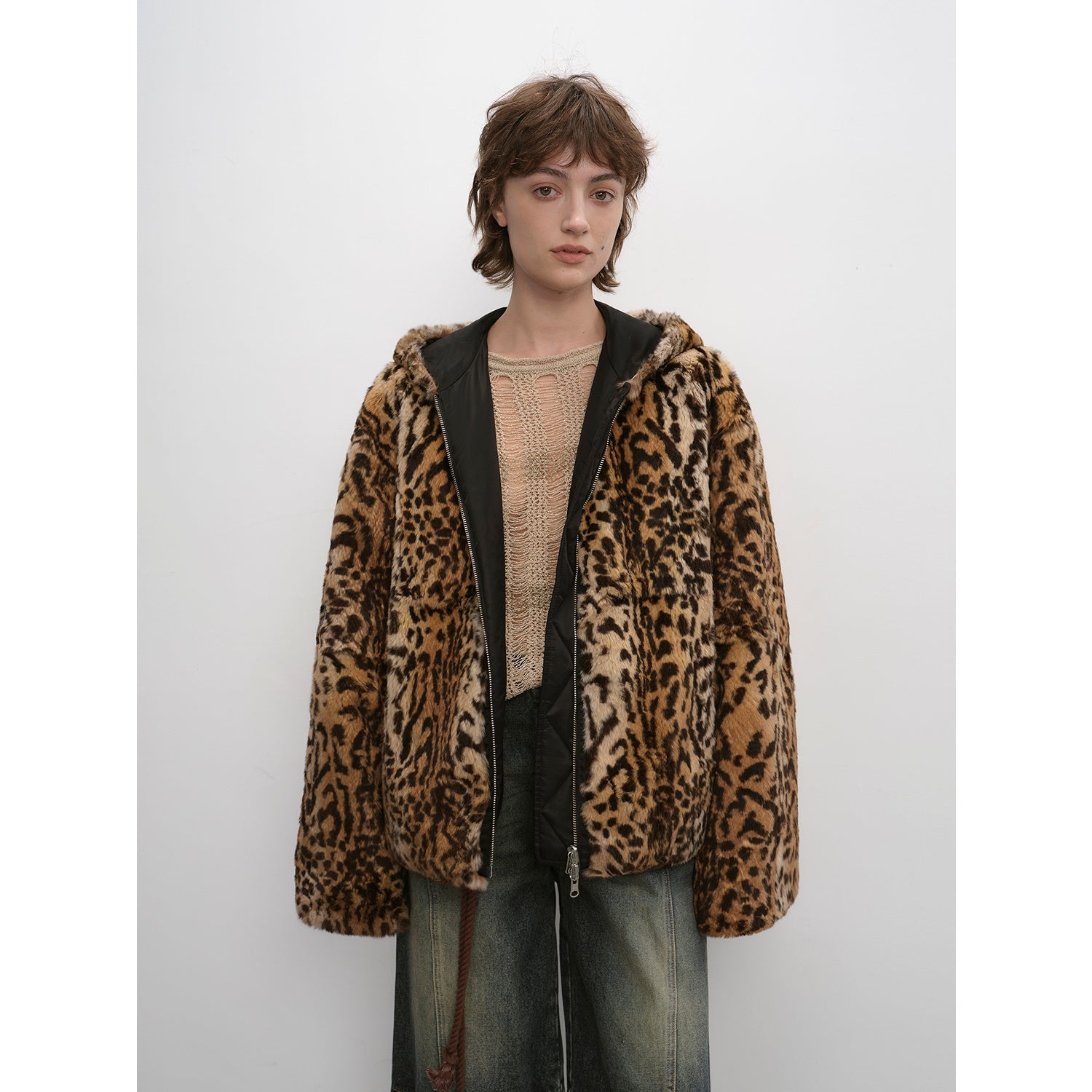 "Leopard Fantasy" Leopard Spot Print Reversible Drop Shoulder Hooded Custom Rabbit Fur Coat - variant_title