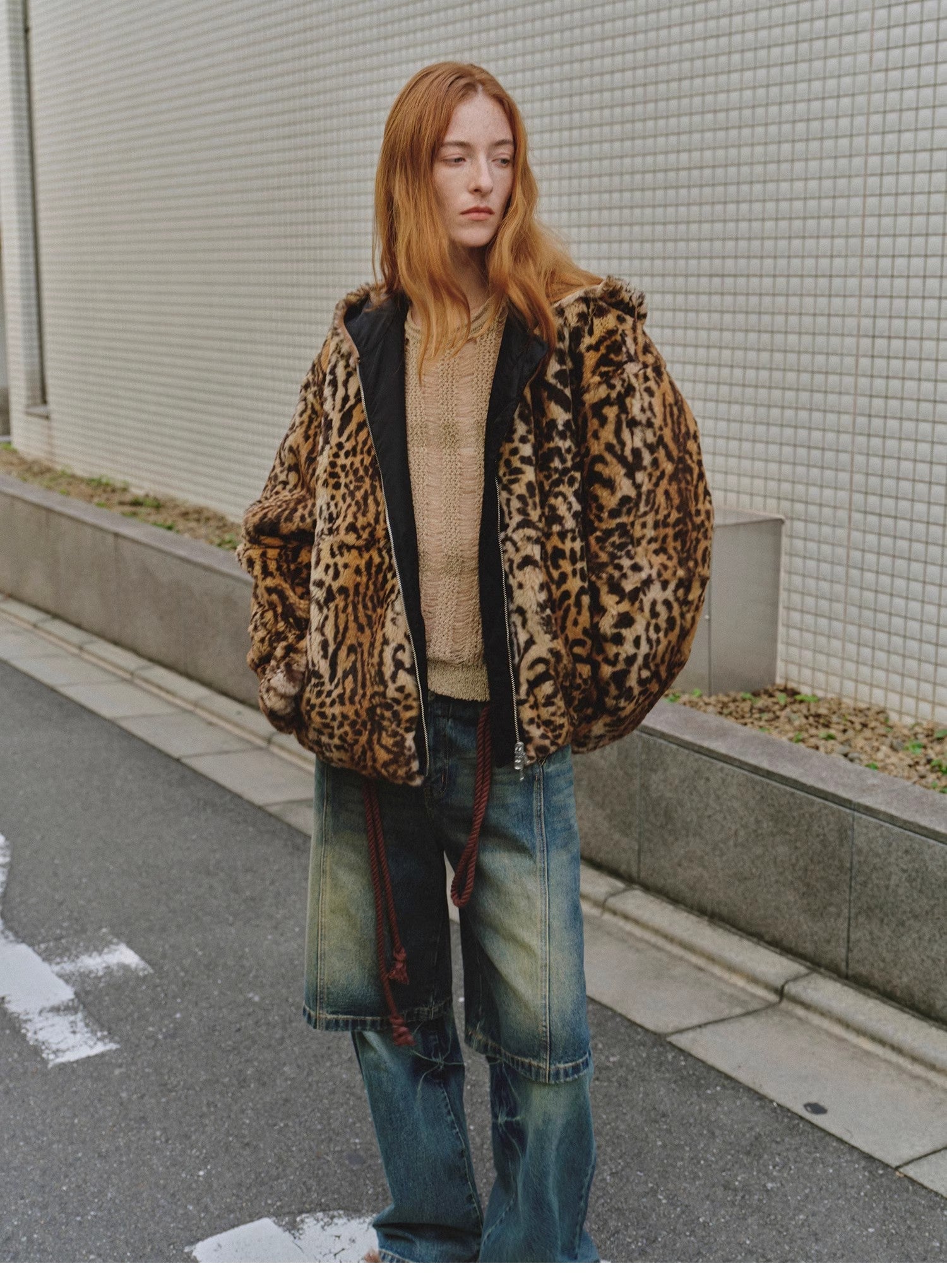 "Leopard Fantasy" Leopard Spot Print Reversible Drop Shoulder Hooded Custom Rabbit Fur Coat - variant_title