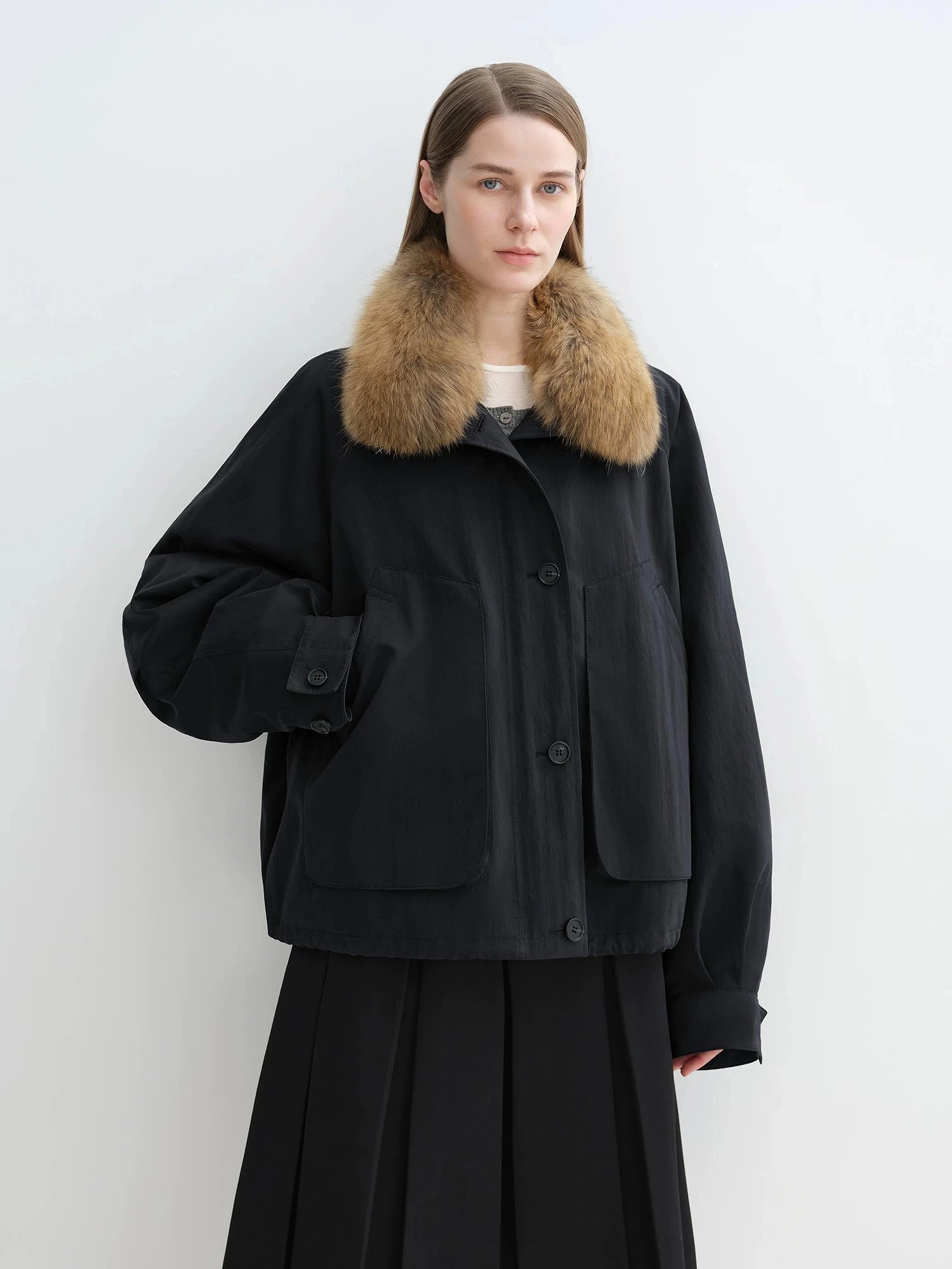 Letrans Silent Trace black down parka with detachable raccoon fur collar front view