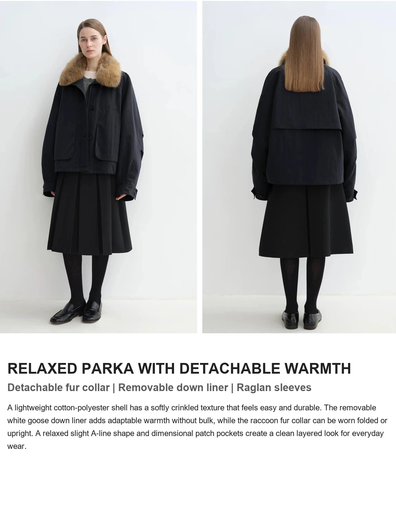 Feature overview of detachable raccoon fur collar and removable down liner