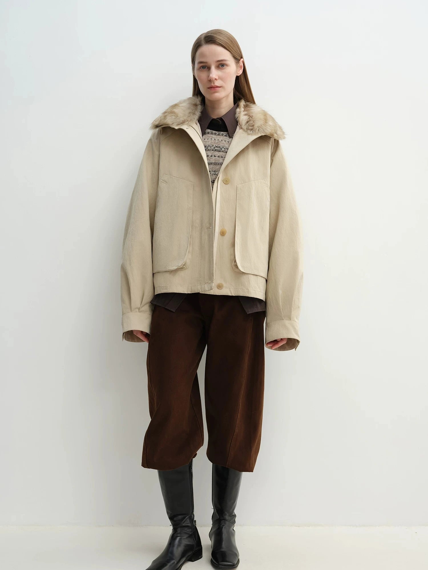 Full body front view of khaki Letrans Silent Trace detachable down parka
