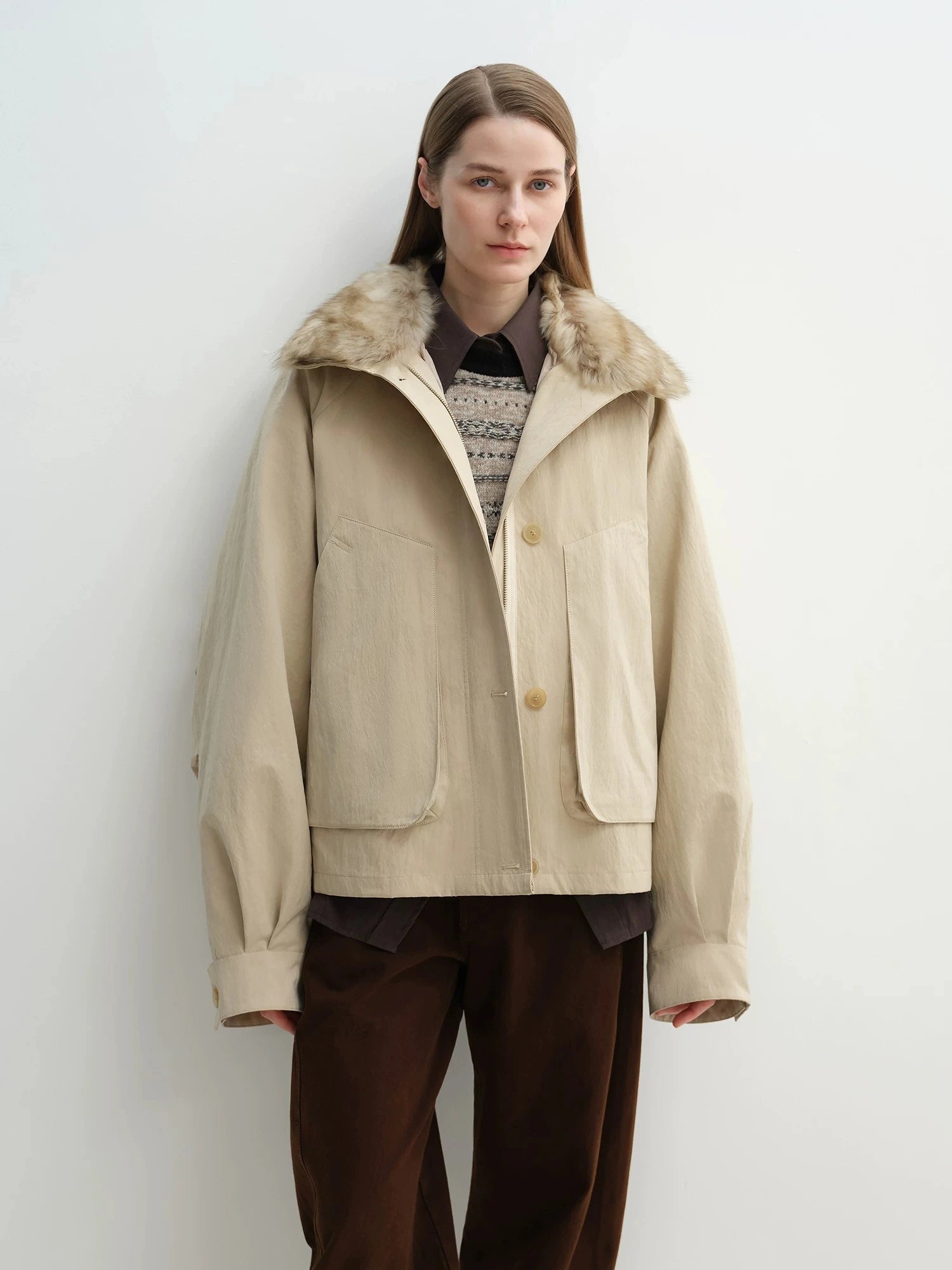 Letrans Silent Trace khaki down parka with detachable raccoon fur collar front view