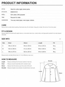 Size chart and product information for Letrans Silent Trace detachable down parka