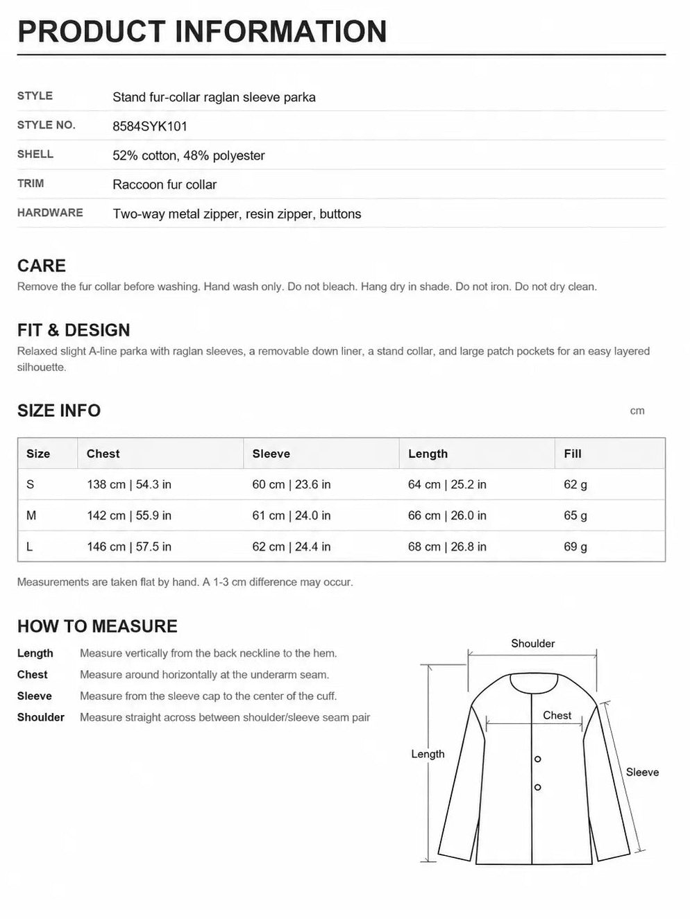 Size chart and product information for Letrans Silent Trace detachable down parka