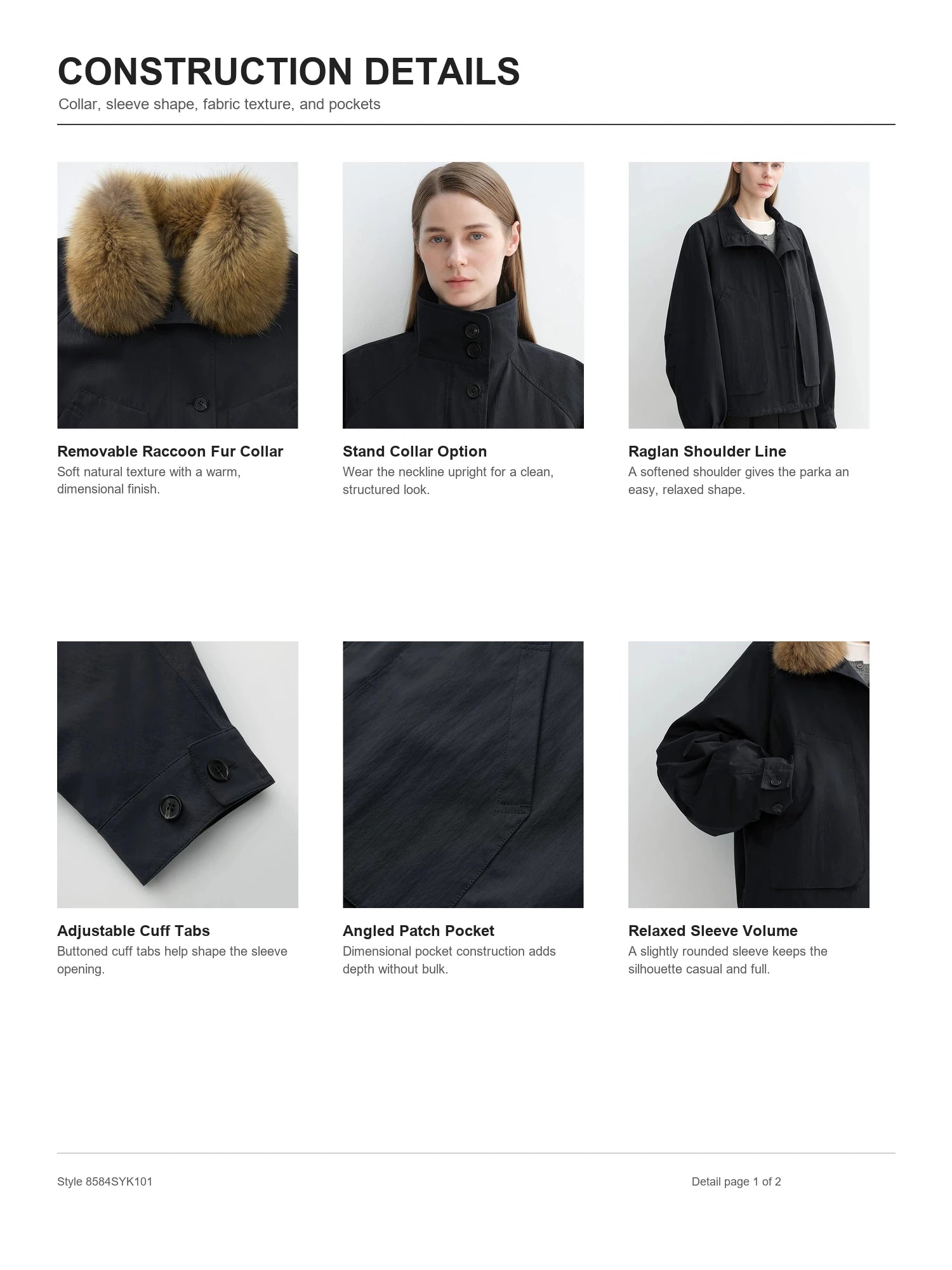 Construction details of Letrans Silent Trace parka collar sleeves fabric and pockets