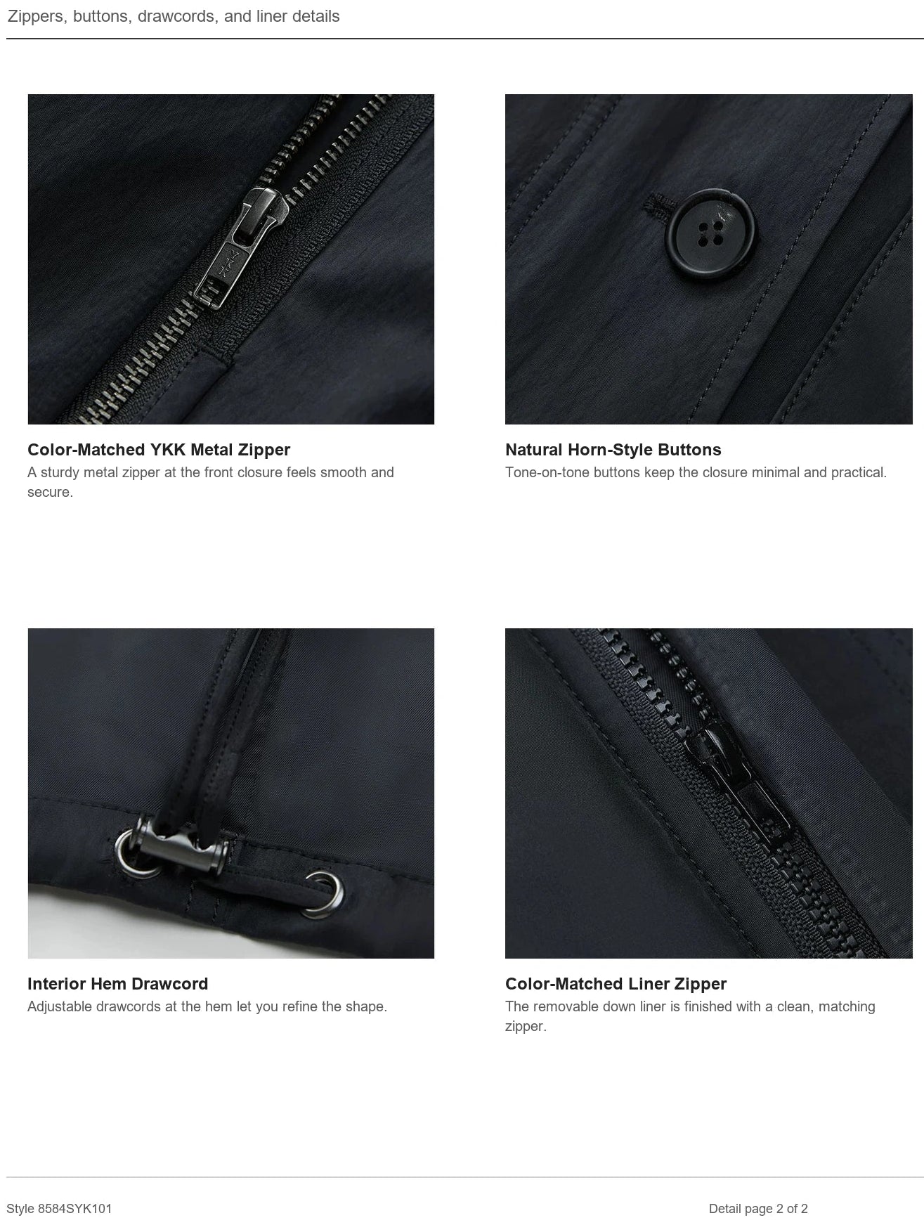Hardware drawcord zipper and removable liner details for Letrans Silent Trace parka
