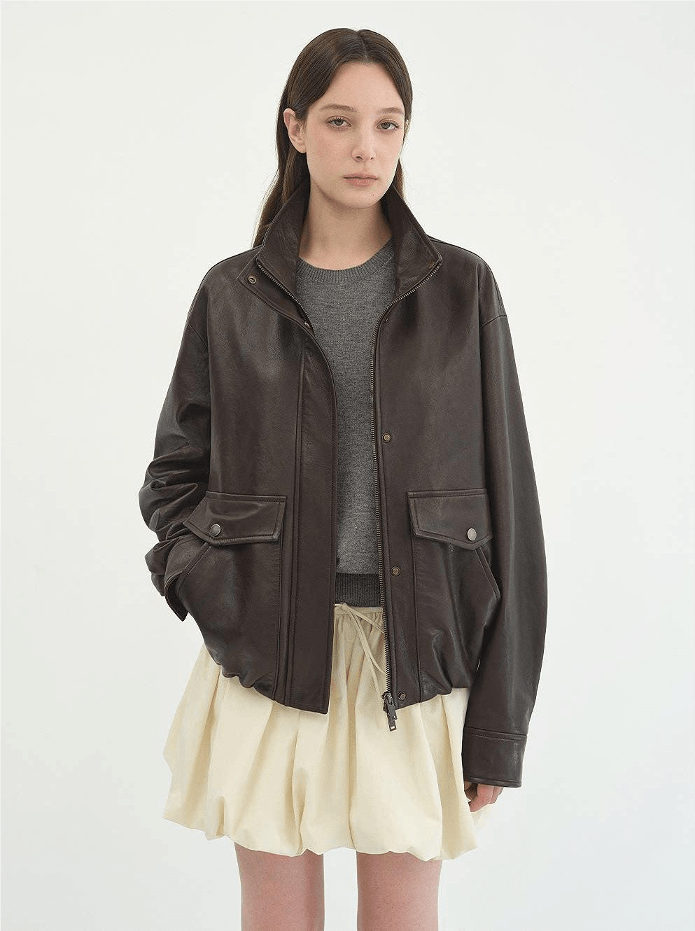Letrans Vintage Waxed-Finish Drop-Shoulder Stand-Collar Cropped Leather Jacket — Canyon Sunset