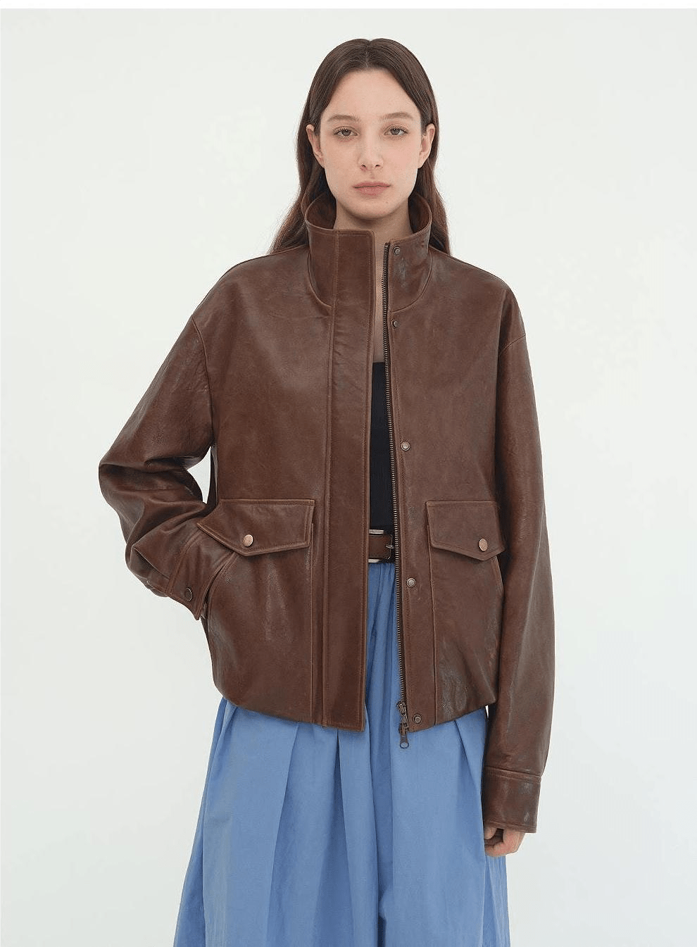 Letrans Vintage Waxed-Finish Drop-Shoulder Stand-Collar Cropped Leather Jacket — Canyon Sunset
