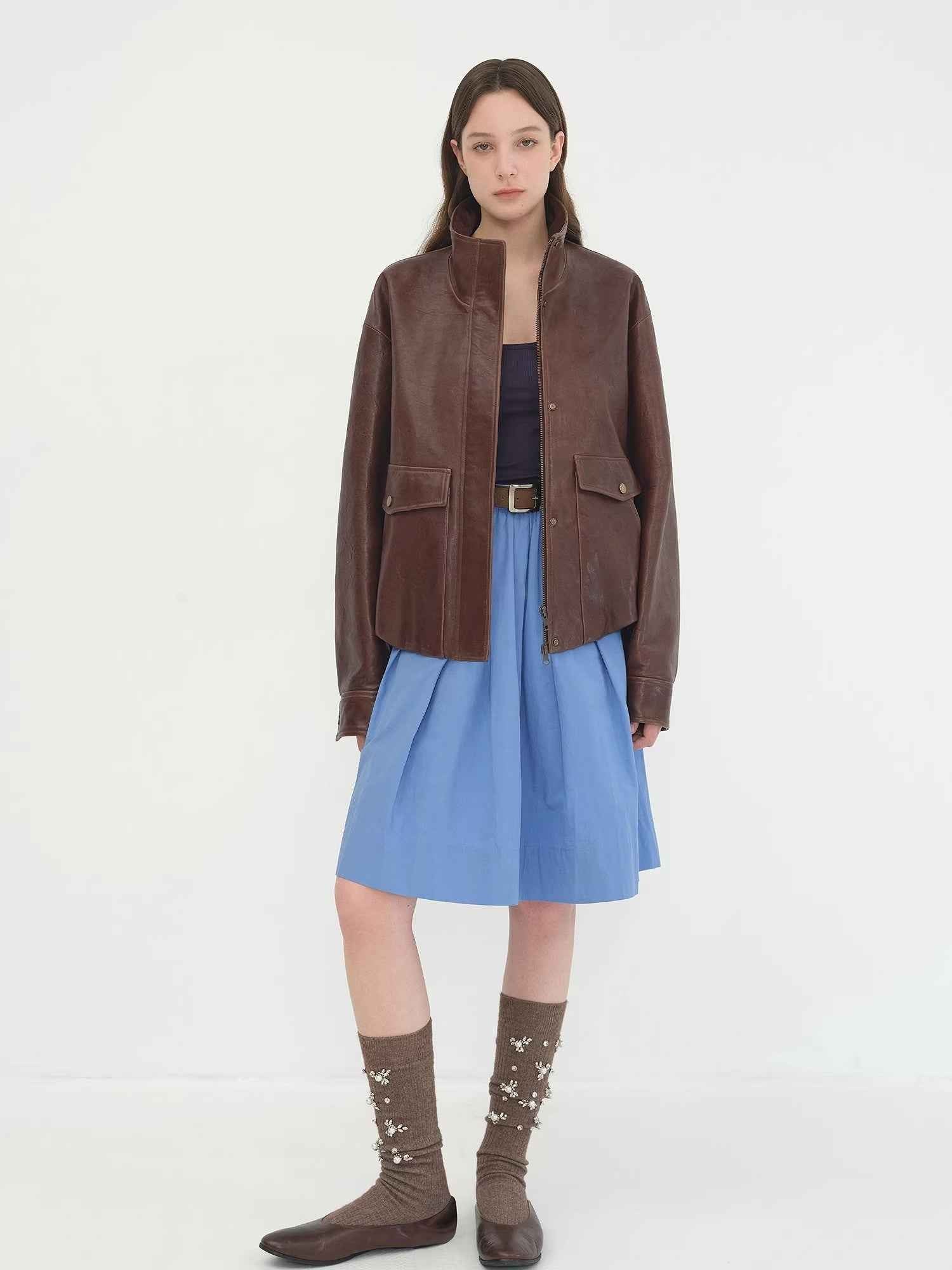 Letrans Vintage Waxed - Finish Drop - Shoulder Stand - Collar Cropped Leather Jacket — Canyon Sunset - variant_title