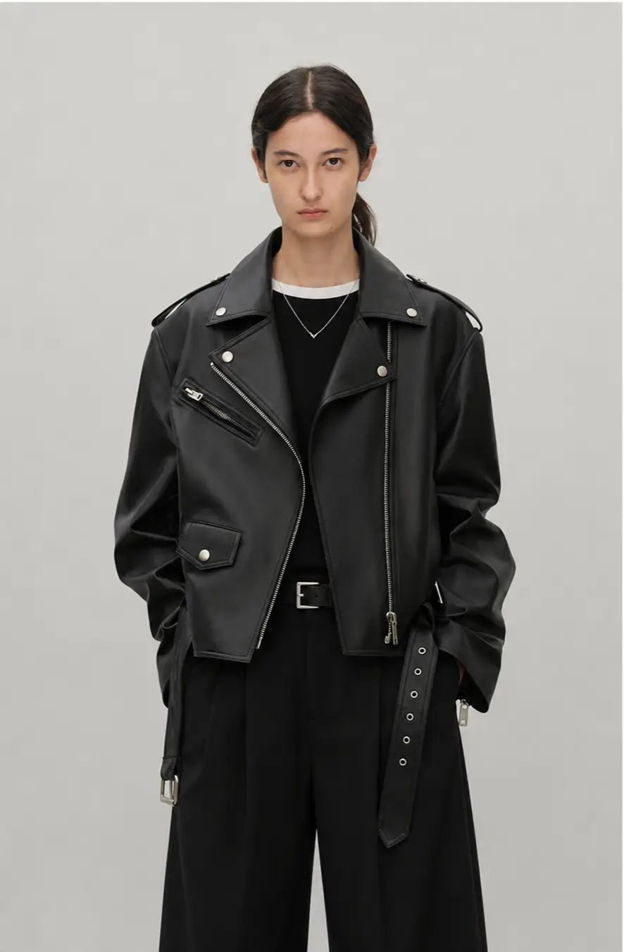 Letrans Women's Lambskin Leather Biker Jacket Cropped Retro Moto Style "Murasaki River"Firelady Fur