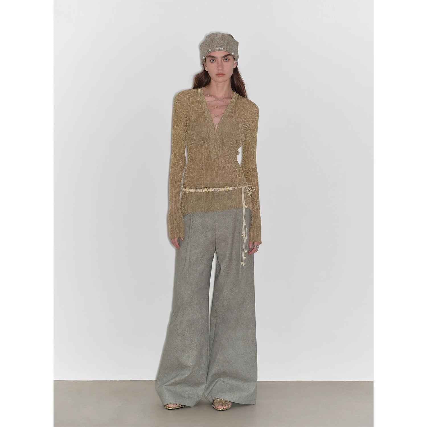 "Light and Shadow Walking" Retro Fashionable Dirty Printed Reverse - Fold Mid - Low - Waist Double - pleat Straight - leg Wide - Leg Casual Pants - variant_title
