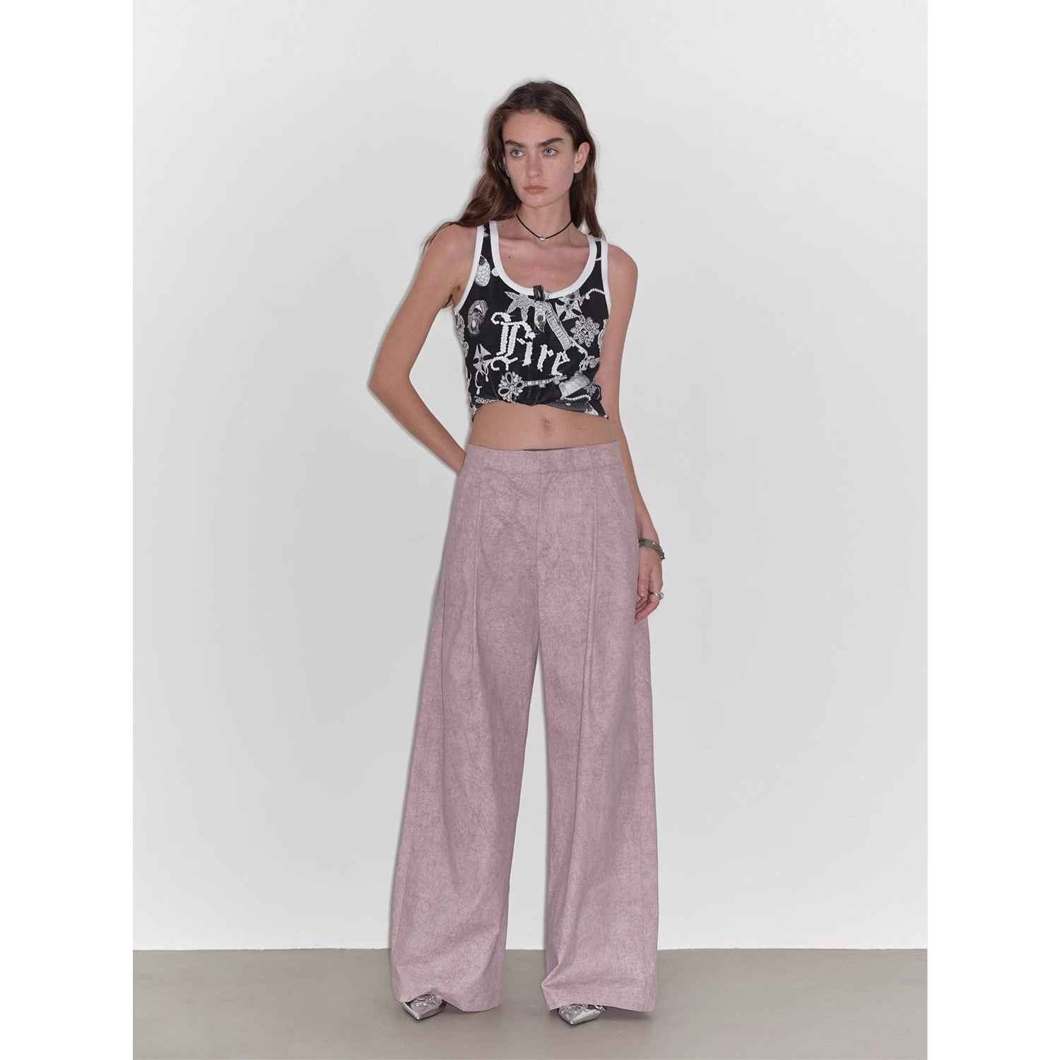 "Light and Shadow Walking" Retro Fashionable Dirty Printed Reverse - Fold Mid - Low - Waist Double - pleat Straight - leg Wide - Leg Casual Pants - variant_title