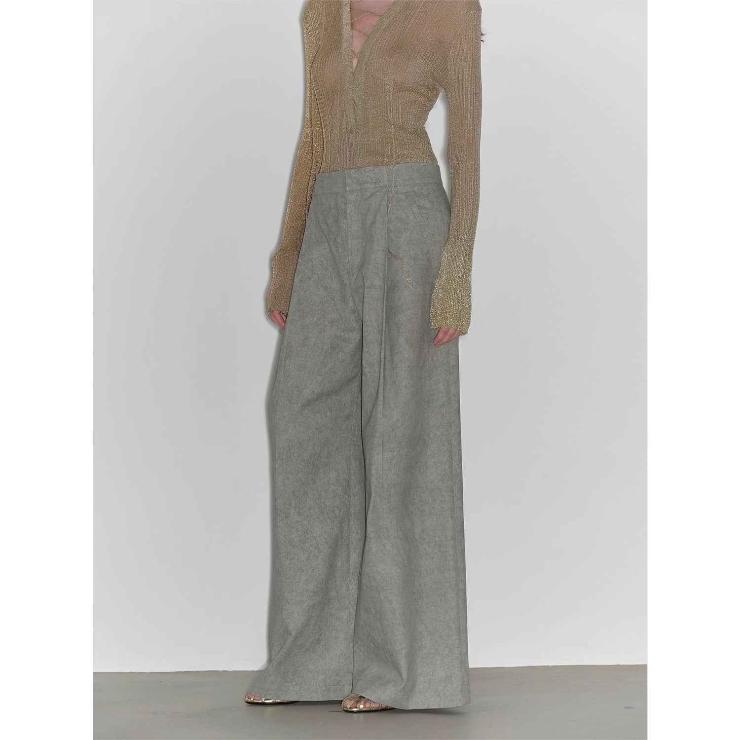 "Light and Shadow Walking" Retro Fashionable Dirty Printed Reverse - Fold Mid - Low - Waist Double - pleat Straight - leg Wide - Leg Casual Pants - variant_title