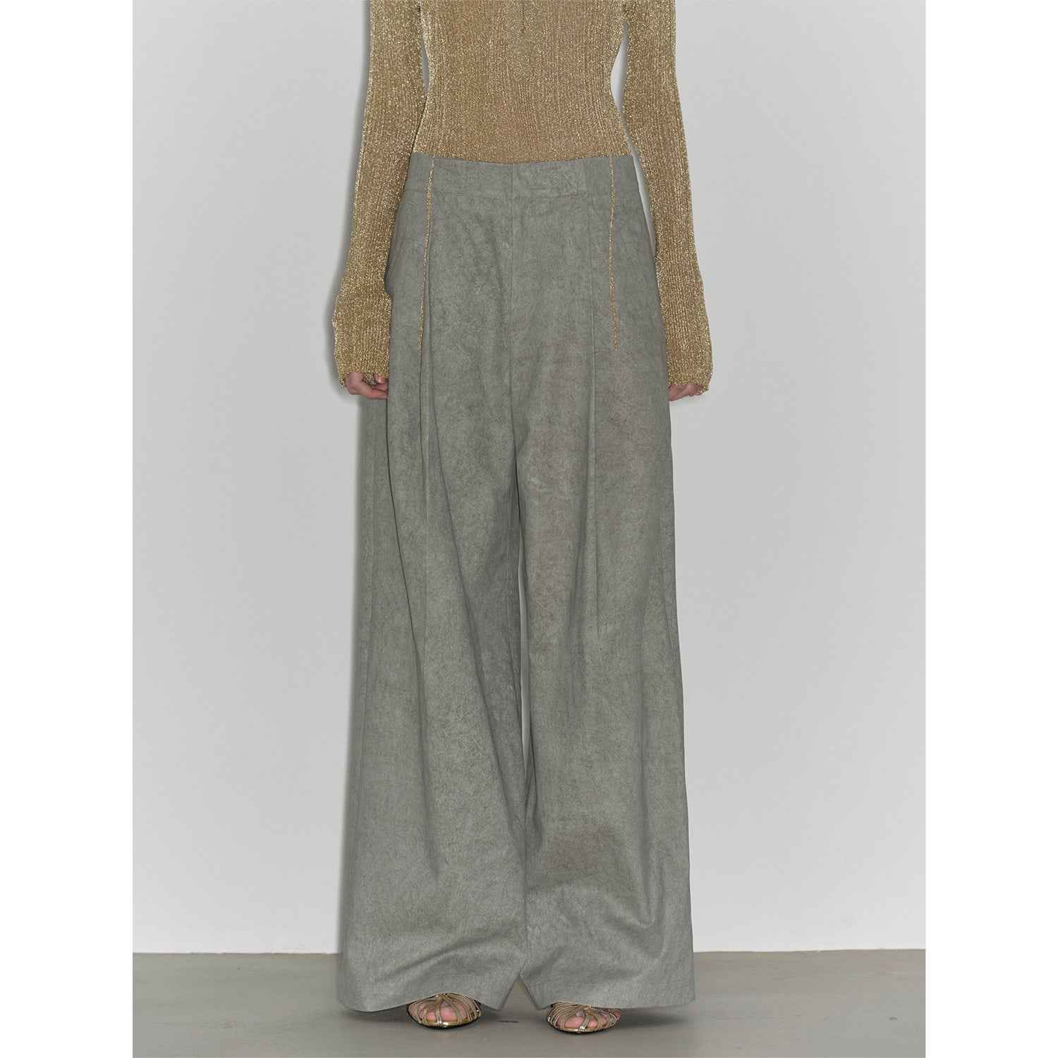 "Light and Shadow Walking" Retro Fashionable Dirty Printed Reverse - Fold Mid - Low - Waist Double - pleat Straight - leg Wide - Leg Casual Pants - variant_title