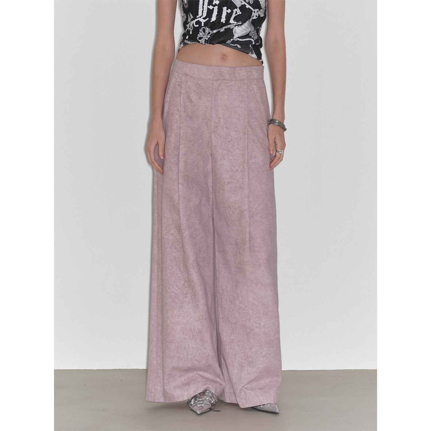 "Light and Shadow Walking" Retro Fashionable Dirty Printed Reverse - Fold Mid - Low - Waist Double - pleat Straight - leg Wide - Leg Casual Pants - variant_title