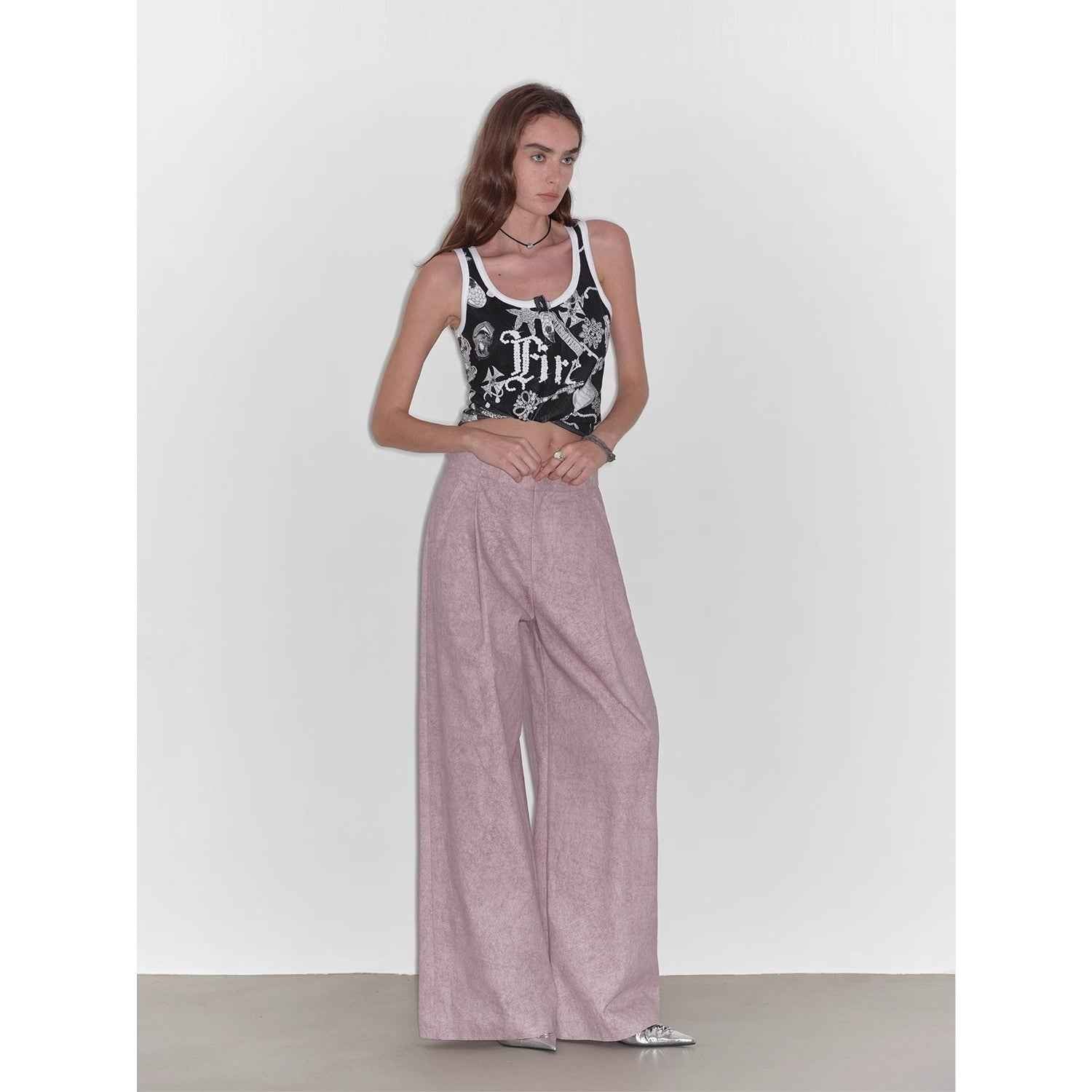 "Light and Shadow Walking" Retro Fashionable Dirty Printed Reverse - Fold Mid - Low - Waist Double - pleat Straight - leg Wide - Leg Casual Pants - variant_title