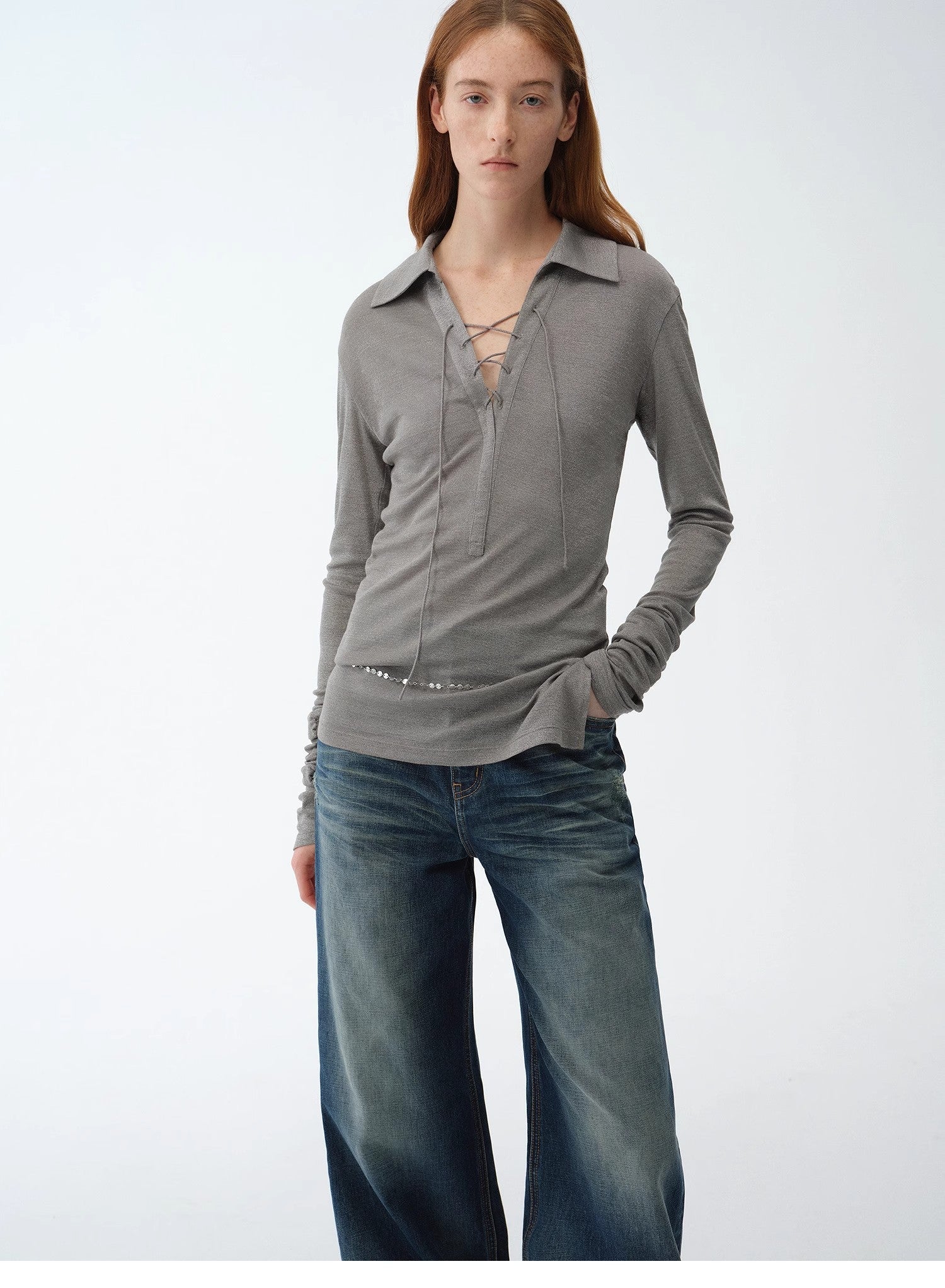 Light luxury silver silk knitted slightly transparent tie lapel slim drape long sleeve knitted top"Eiffel" - variant_title