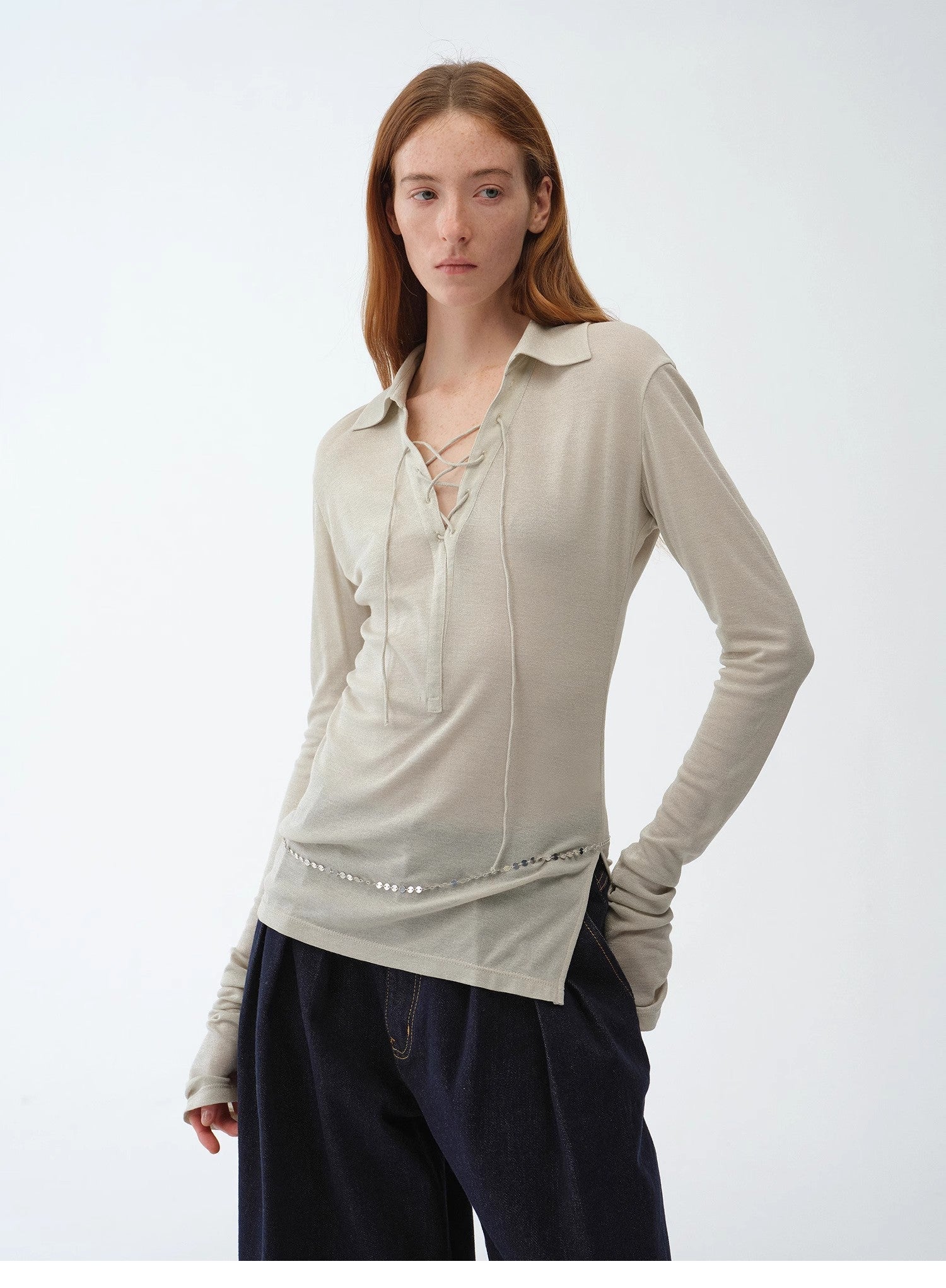 Light luxury silver silk knitted slightly transparent tie lapel slim drape long sleeve knitted top"Eiffel" - variant_title