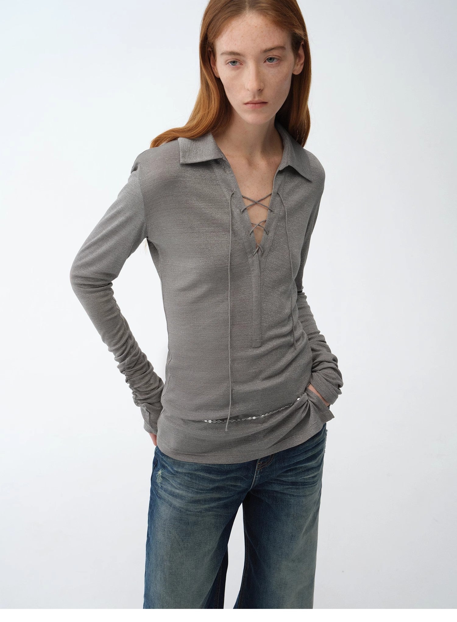 Light luxury silver silk knitted slightly transparent tie lapel slim drape long sleeve knitted top"Eiffel" - variant_title