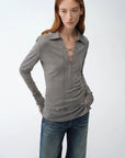 Light luxury silver silk knitted slightly transparent tie lapel slim drape long sleeve knitted top"Eiffel" - variant_title
