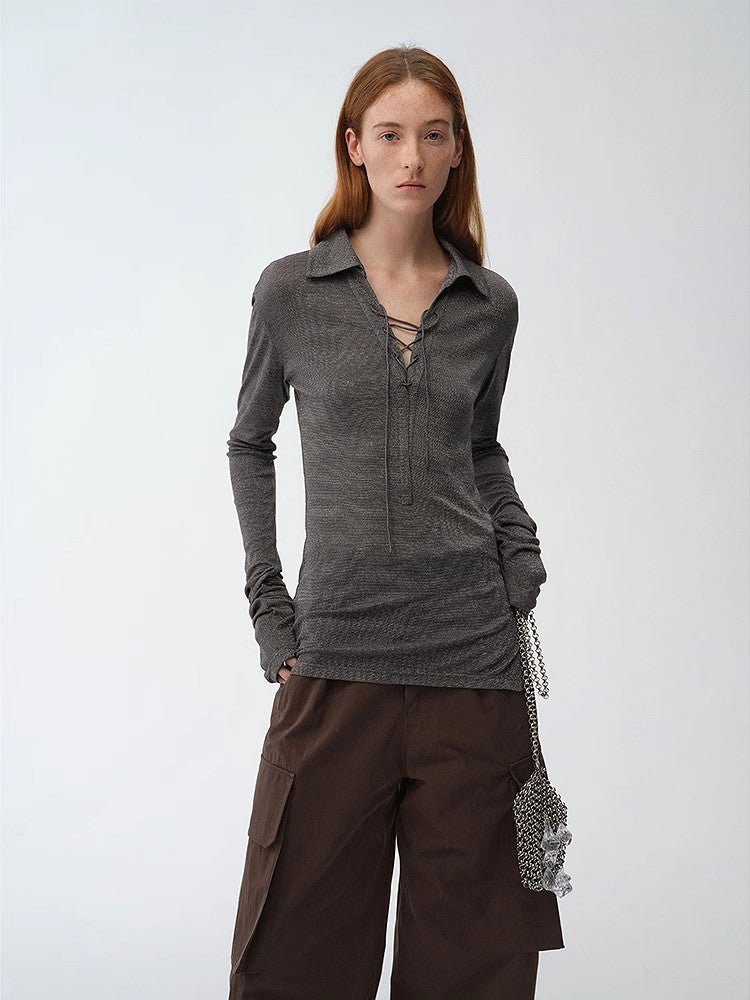 Light luxury silver silk knitted slightly transparent tie lapel slim drape long sleeve knitted top"Eiffel" - variant_title