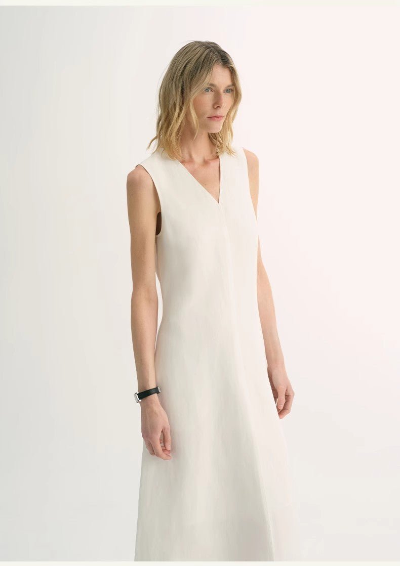 Lightweight and zero - pressure cupro linen textured anti - wrinkle V - neck sleeveless A - line dress - variant_title