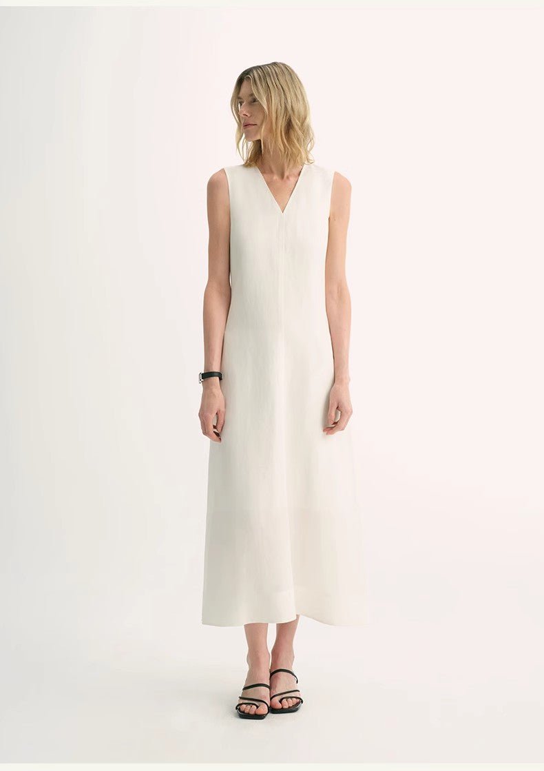Lightweight and zero - pressure cupro linen textured anti - wrinkle V - neck sleeveless A - line dress - variant_title