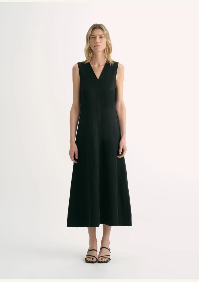 Lightweight and zero - pressure cupro linen textured anti - wrinkle V - neck sleeveless A - line dress - variant_title