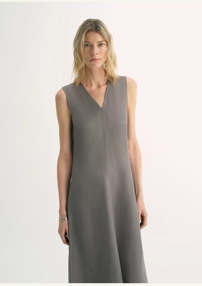Lightweight and zero - pressure cupro linen textured anti - wrinkle V - neck sleeveless A - line dress - variant_title
