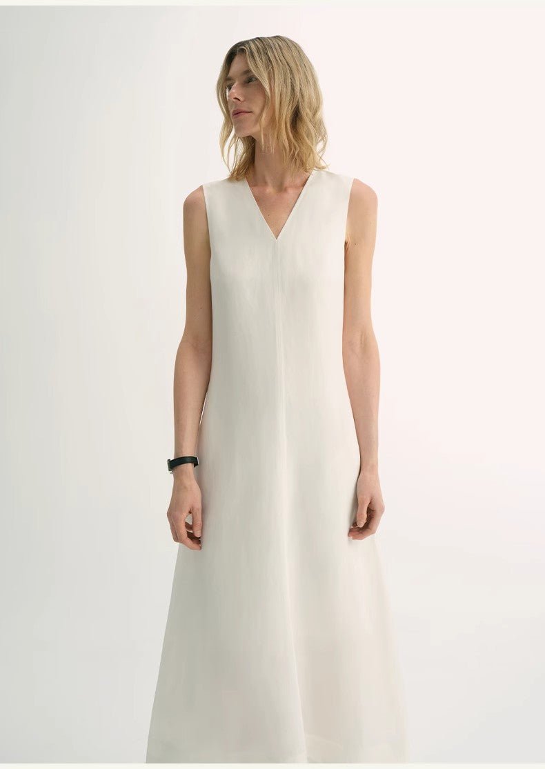 Lightweight and zero - pressure cupro linen textured anti - wrinkle V - neck sleeveless A - line dress - variant_title