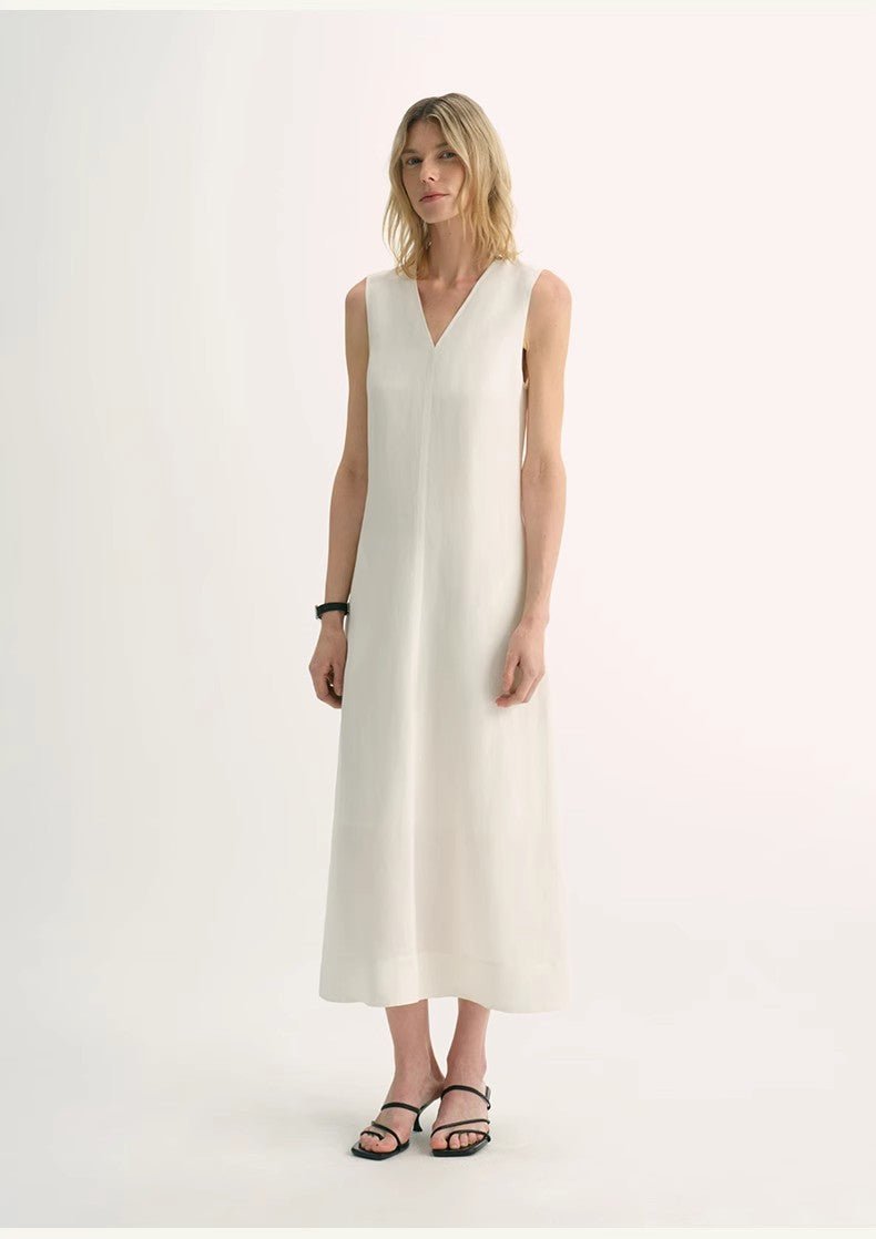 Lightweight and zero - pressure cupro linen textured anti - wrinkle V - neck sleeveless A - line dress - variant_title