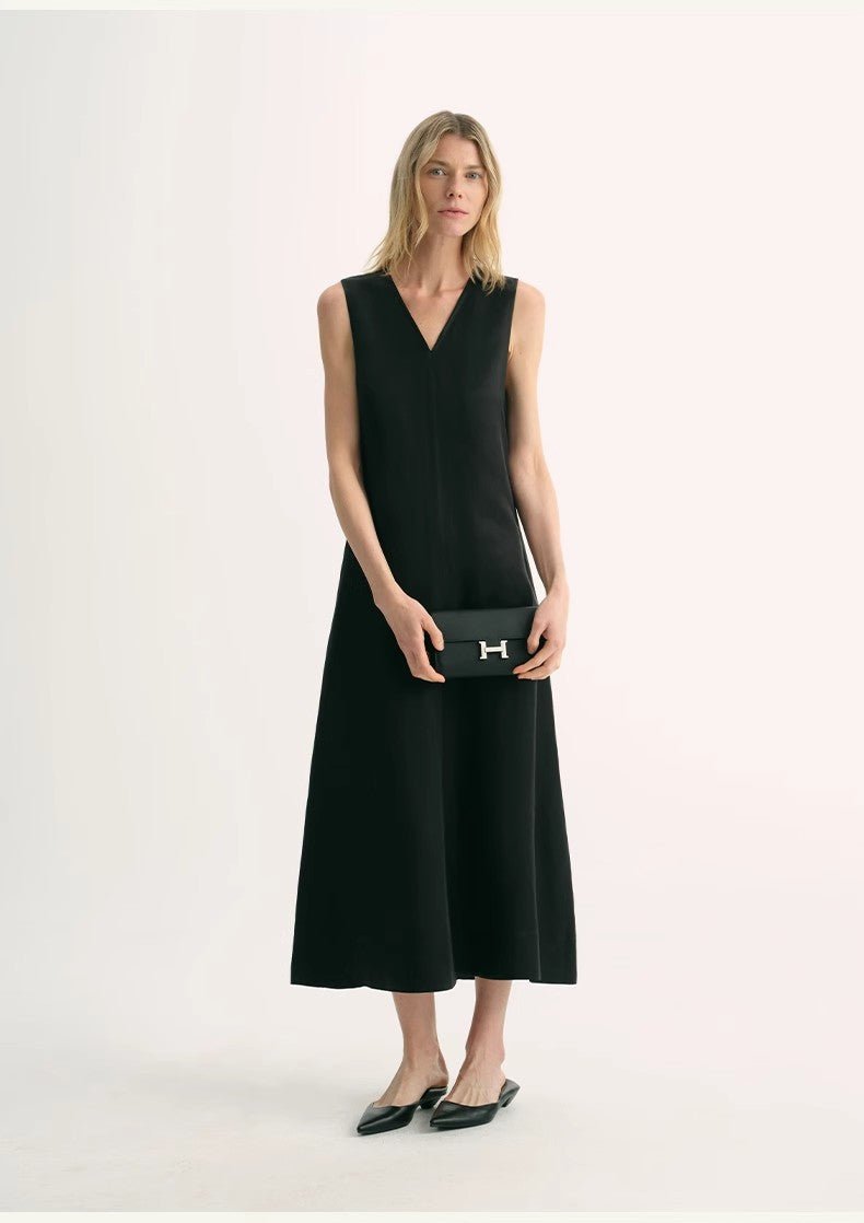 Lightweight and zero - pressure cupro linen textured anti - wrinkle V - neck sleeveless A - line dress - variant_title
