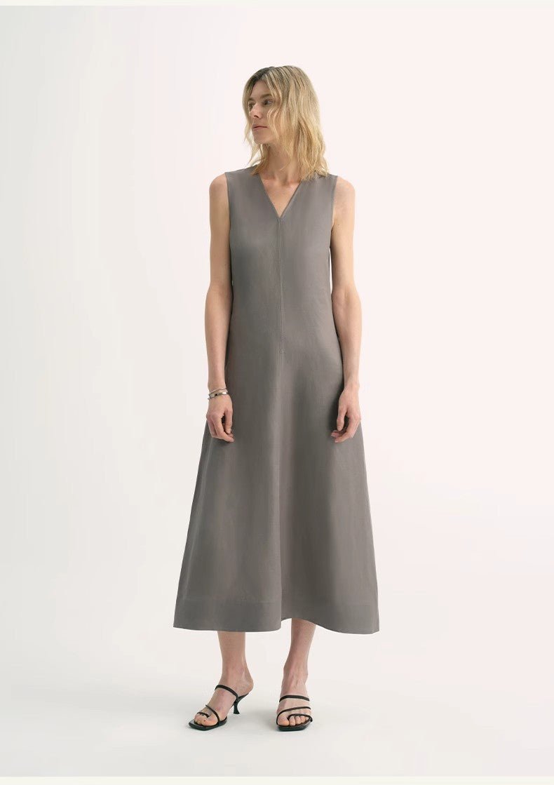 Lightweight and zero - pressure cupro linen textured anti - wrinkle V - neck sleeveless A - line dress - variant_title