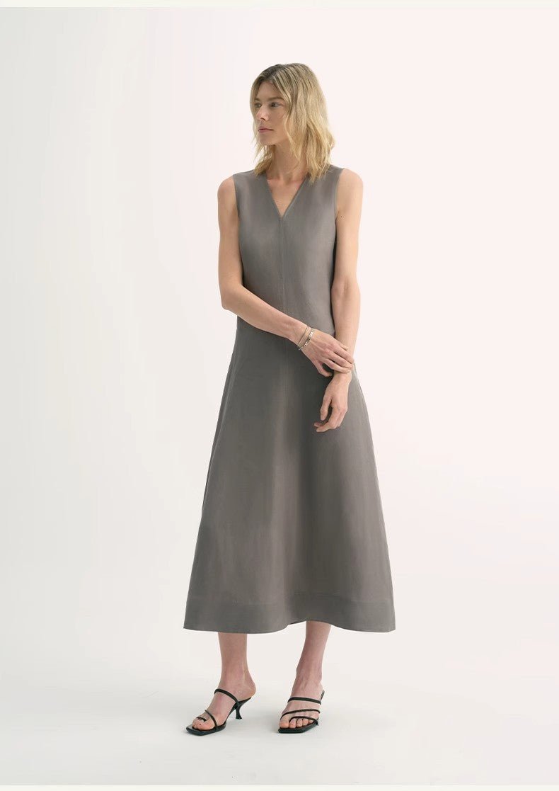 Lightweight and zero - pressure cupro linen textured anti - wrinkle V - neck sleeveless A - line dress - variant_title