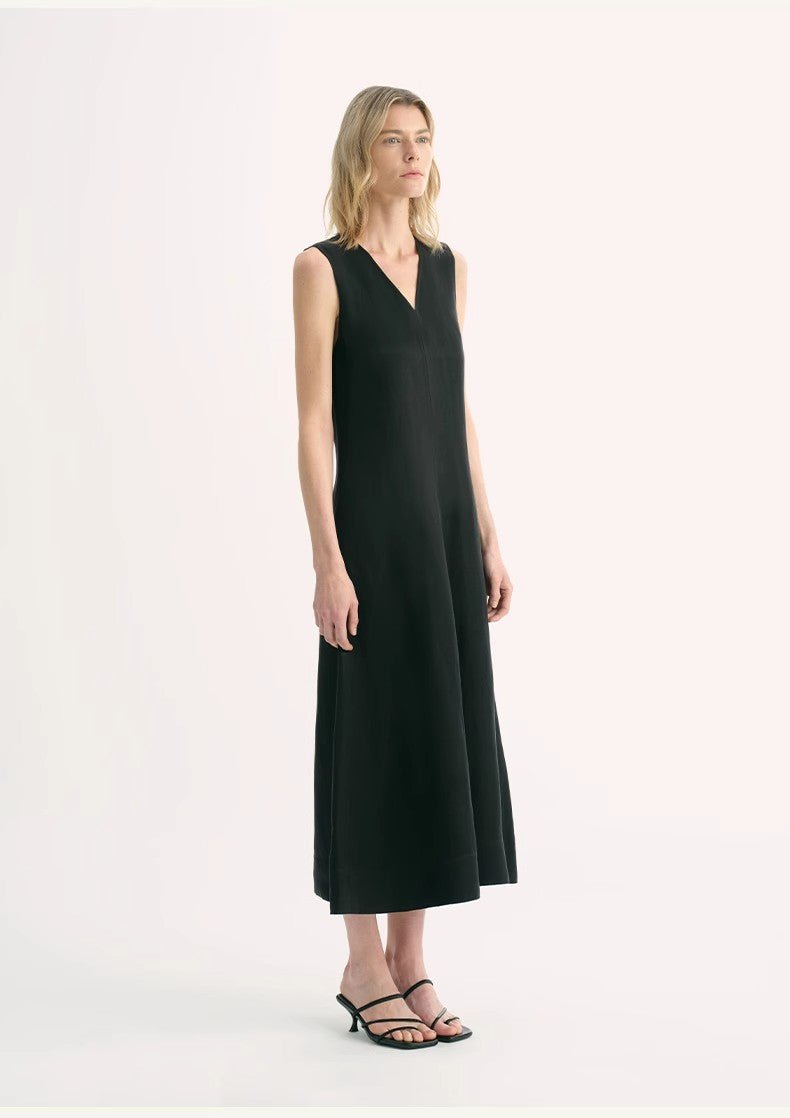 Lightweight and zero - pressure cupro linen textured anti - wrinkle V - neck sleeveless A - line dress - variant_title