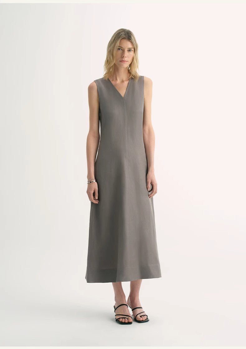Lightweight and zero - pressure cupro linen textured anti - wrinkle V - neck sleeveless A - line dress - variant_title