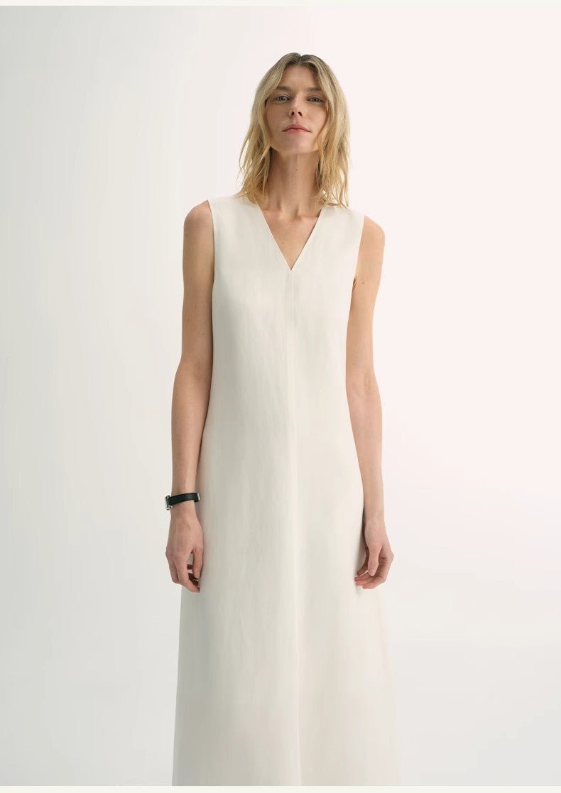 Lightweight and zero - pressure cupro linen textured anti - wrinkle V - neck sleeveless A - line dress - variant_title