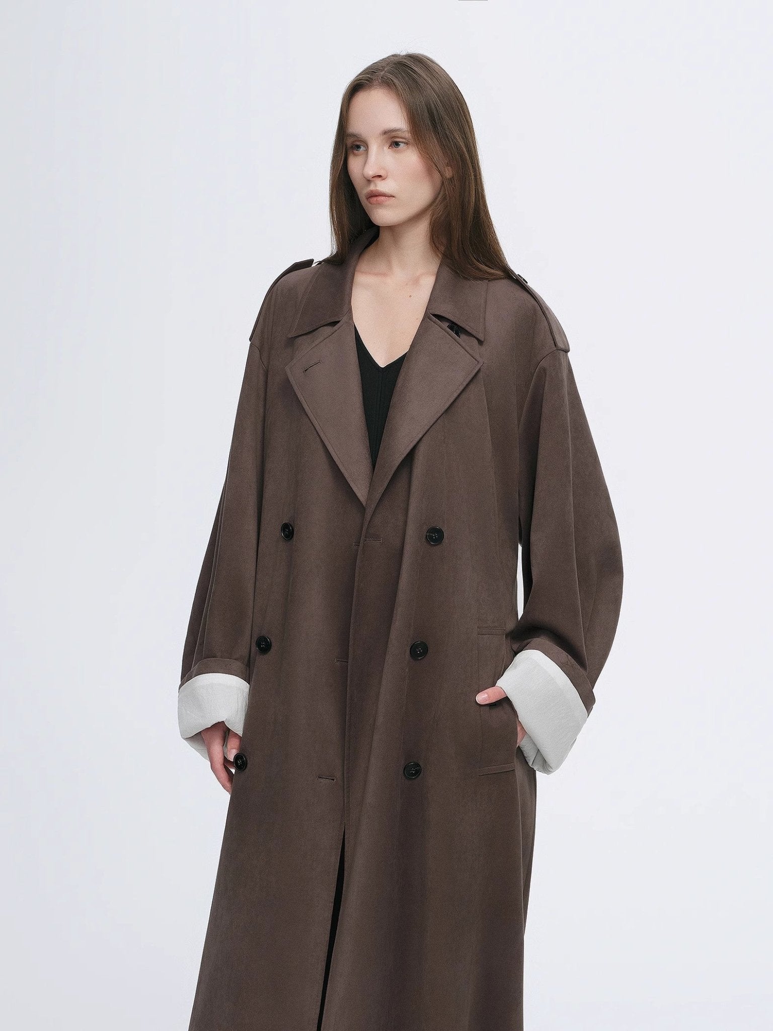 "Line Walker" matte micro - velvet drape classic elegant double - breasted straight long trench coat - variant_title