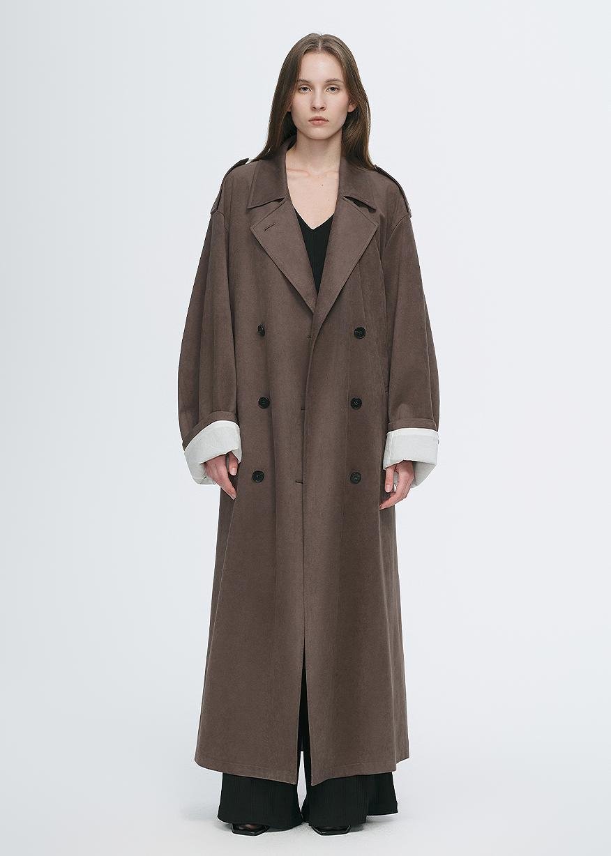 "Line Walker" matte micro - velvet drape classic elegant double - breasted straight long trench coat - variant_title