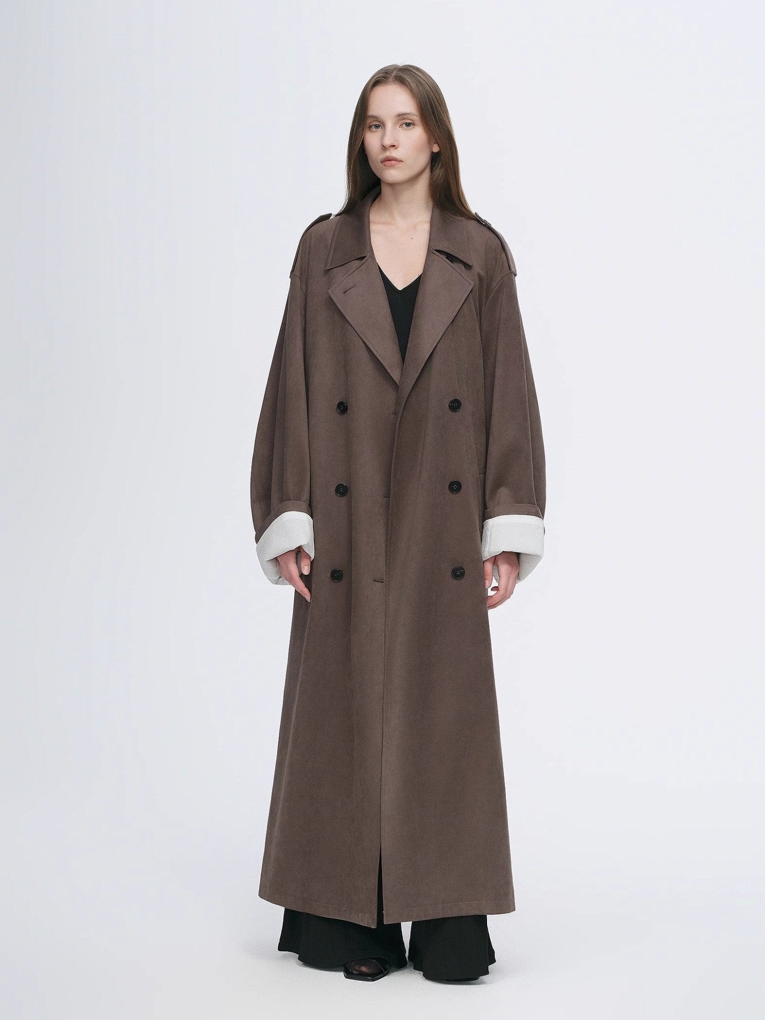 "Line Walker" matte micro - velvet drape classic elegant double - breasted straight long trench coat - variant_title