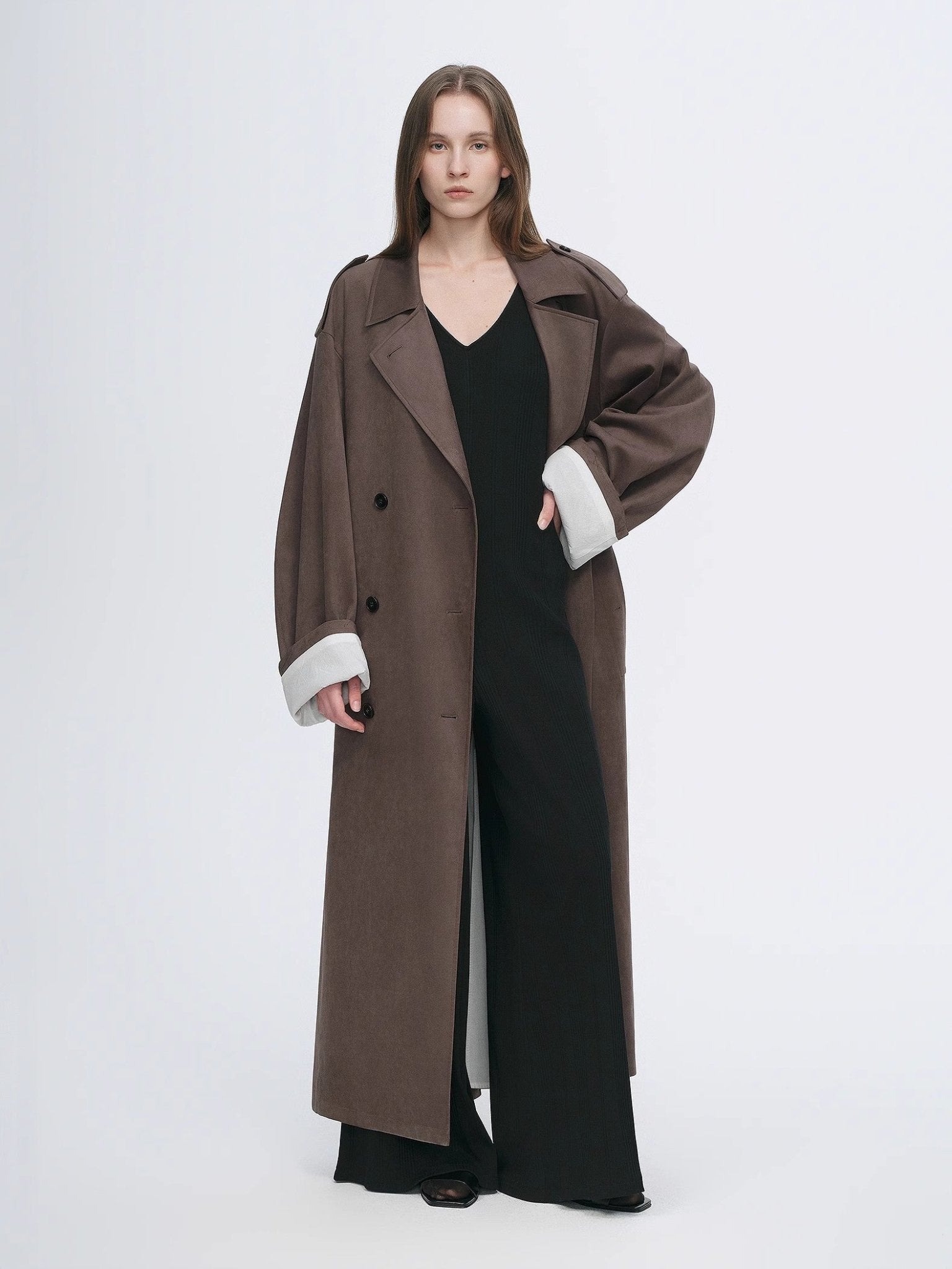 "Line Walker" matte micro - velvet drape classic elegant double - breasted straight long trench coat - variant_title