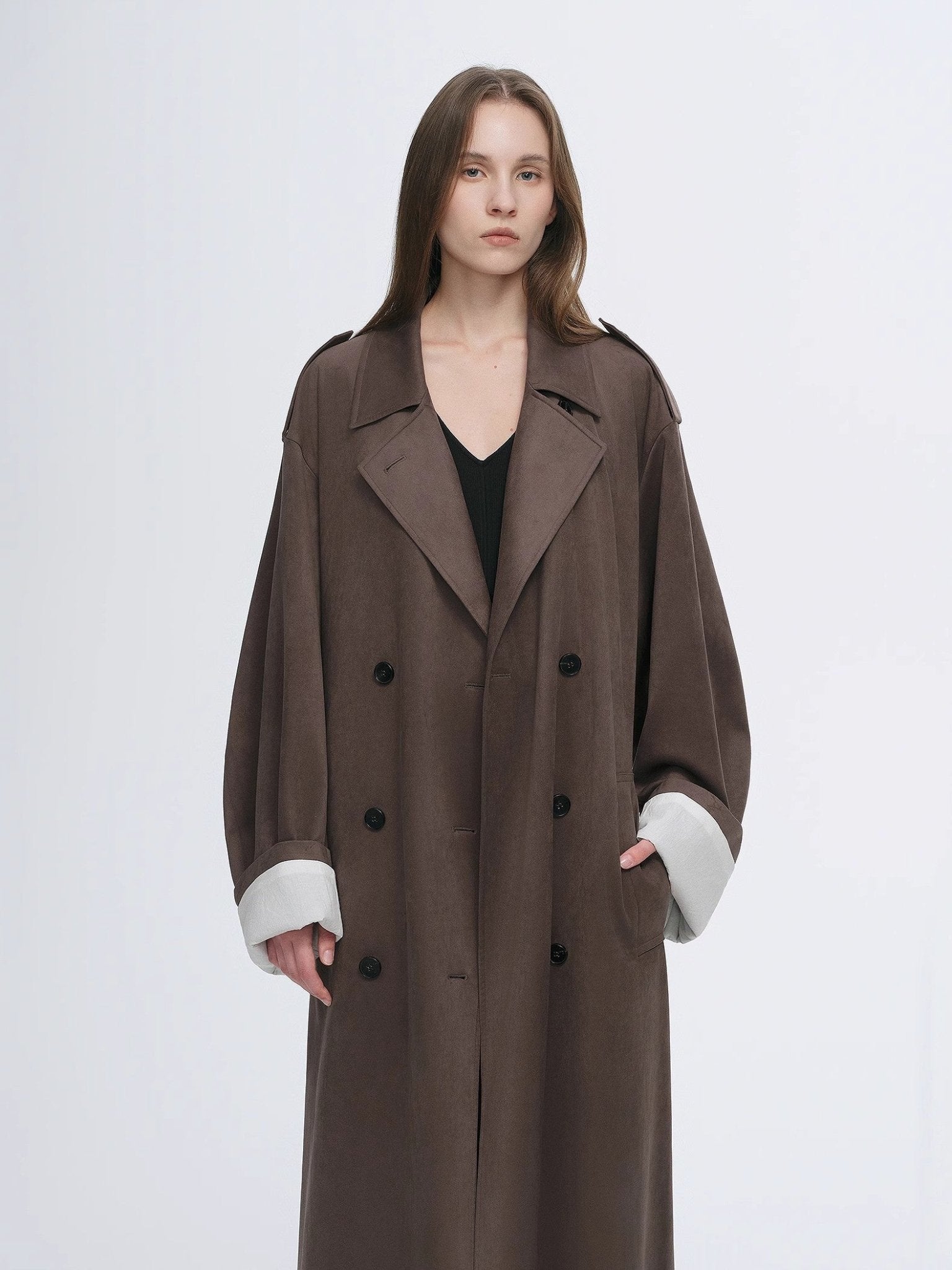 "Line Walker" matte micro - velvet drape classic elegant double - breasted straight long trench coat - variant_title