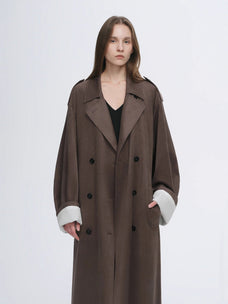 "Line Walker" matte micro - velvet drape classic elegant double - breasted straight long trench coat - variant_title