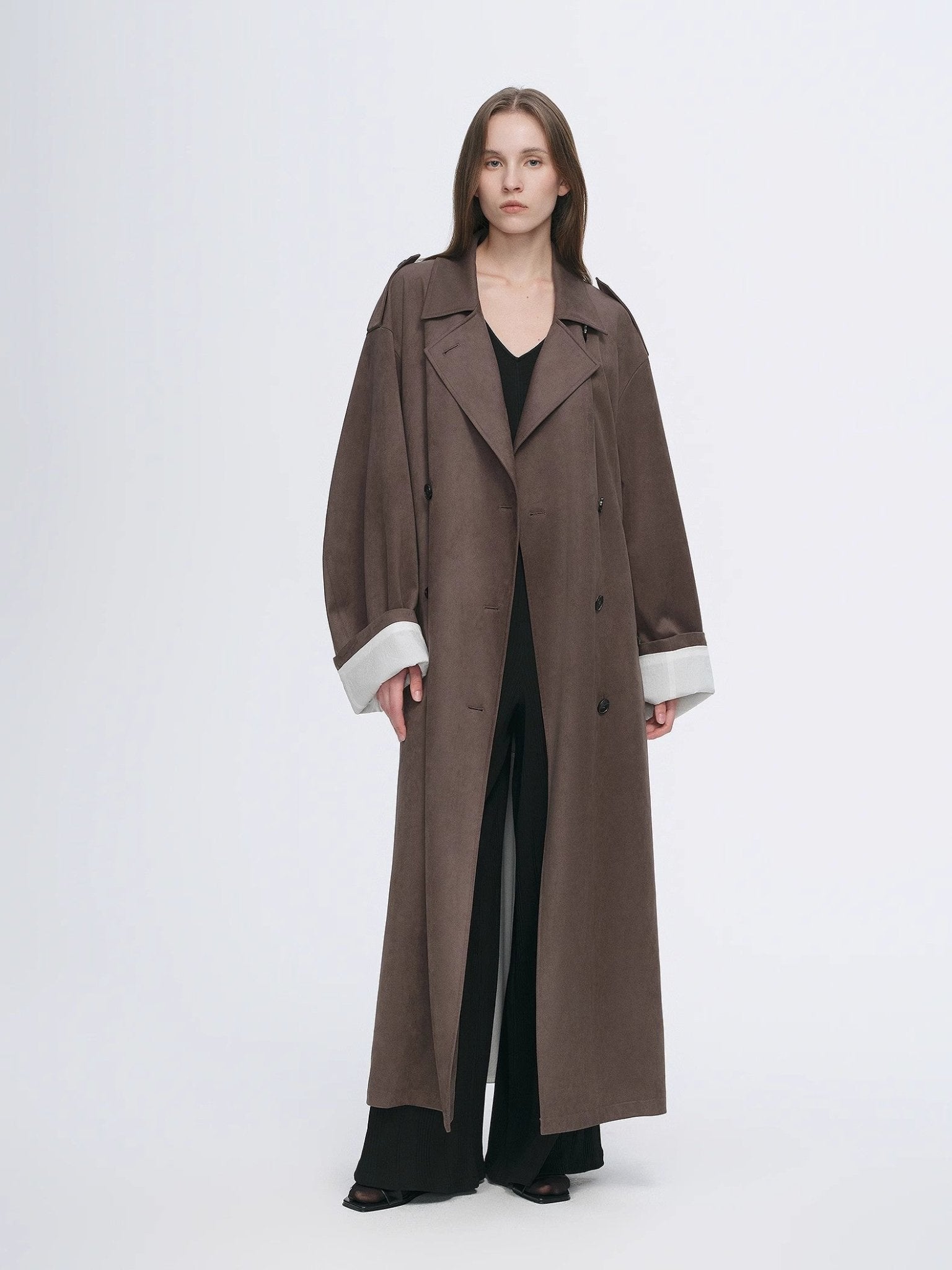 "Line Walker" matte micro - velvet drape classic elegant double - breasted straight long trench coat - variant_title